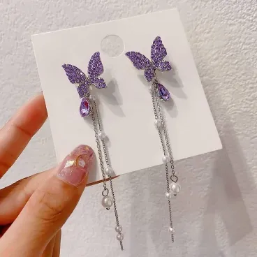 Dazzling Purple Crystal Butterfly Dangle Earrings